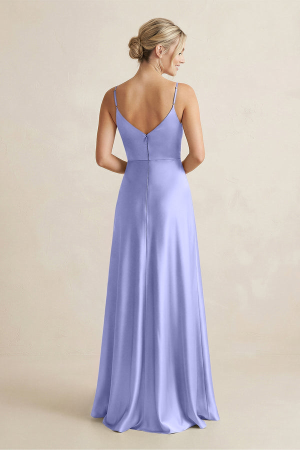 Cami Strap A - Line Shiny Satin Bridesmaid Dress in Steel Blue - KissProm Bridesmaid Dresses