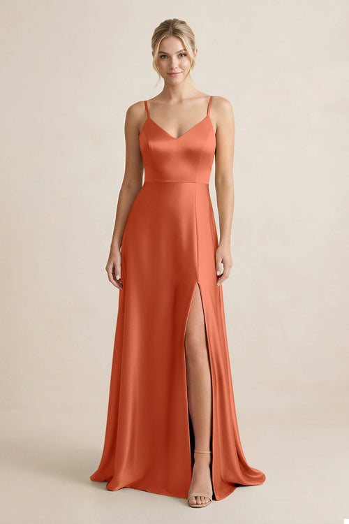 Cami Strap A - Line Shiny Satin Bridesmaid Dress in Terracotta - KissProm Bridesmaid Dresses