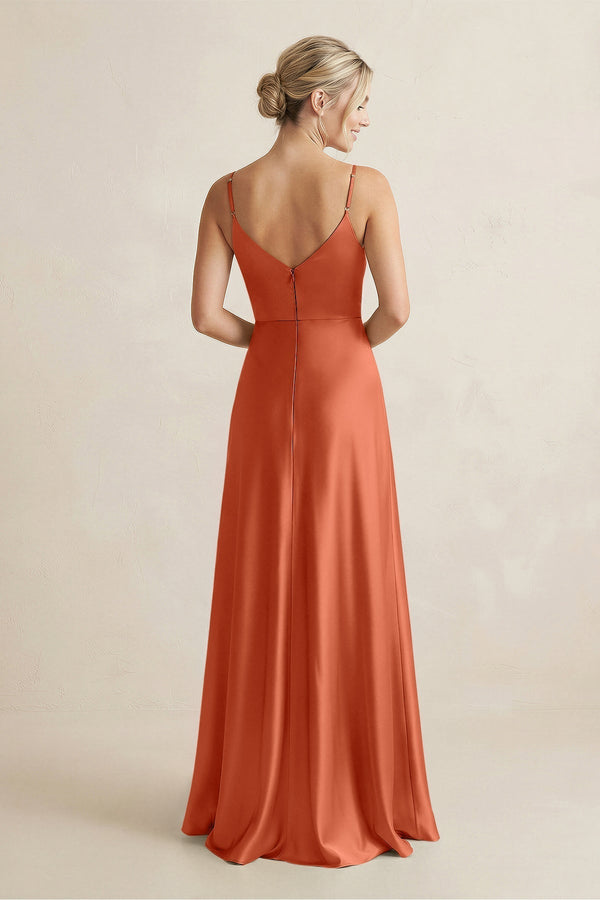 Cami Strap A - Line Shiny Satin Bridesmaid Dress in Terracotta - KissProm Bridesmaid Dresses