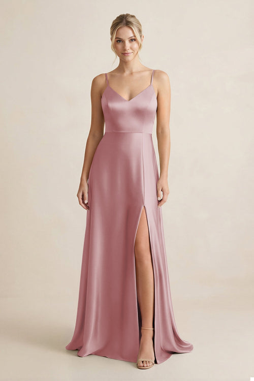 Cami Strap A - Line Shiny Satin Bridesmaid Dress in Toffee - KissProm Bridesmaid Dresses