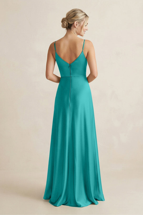Cami Strap A - Line Shiny Satin Bridesmaid Dress in Turquoise - KissProm Bridesmaid Dresses