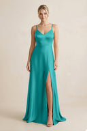 Cami Strap A - Line Shiny Satin Bridesmaid Dress in Turquoise - KissProm Bridesmaid Dresses