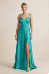 Cami Strap A - Line Shiny Satin Bridesmaid Dress in Turquoise - KissProm Bridesmaid Dresses