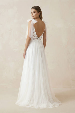 A Line V Neck Straps Tulle Split Wedding Dress/Bridal Gown with Lace – Wedding Dresses by KissProm | Available at KissProm