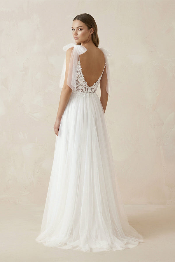 A Line V Neck Straps Tulle Split Wedding Dress/Bridal Gown with Lace – Wedding Dresses by KissProm | Available at KissProm