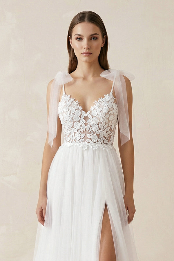 A Line V Neck Straps Tulle Split Wedding Dress/Bridal Gown with Lace – Wedding Dresses by KissProm | Available at KissProm