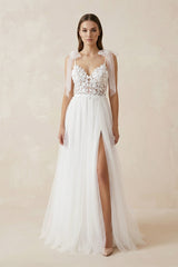 A Line V Neck Straps Tulle Split Wedding Dress/Bridal Gown with Lace – Wedding Dresses by KissProm | Available at KissProm