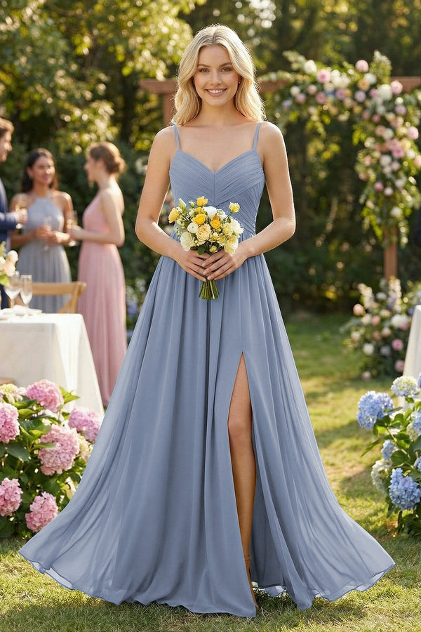 Cami Strap Chiffon A - Line Bridesmaid Dress with Slit - KissProm Bridesmaid Dresses