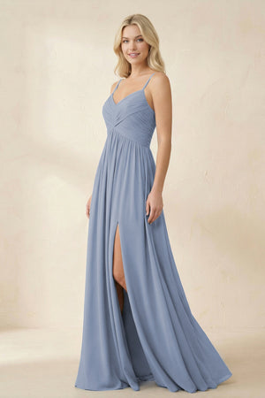 Cami Strap Chiffon A - Line Bridesmaid Dress with Slit - KissProm Bridesmaid Dresses