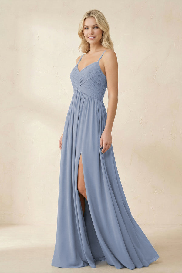 Cami Strap Chiffon A - Line Bridesmaid Dress with Slit - KissProm Bridesmaid Dresses