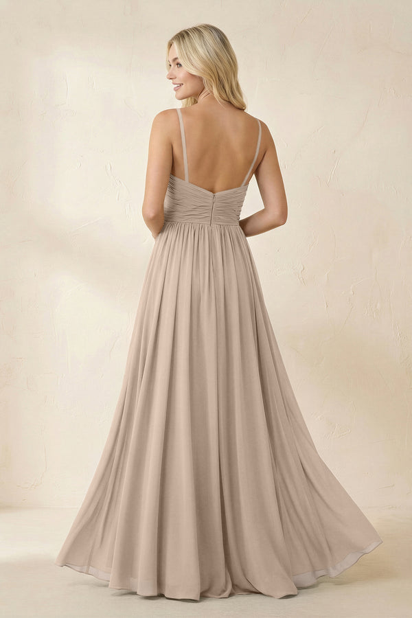 Cami Strap Chiffon A - Line Bridesmaid Dress with Slit in Almond - KissProm Bridesmaid Dresses