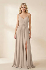 Cami Strap Chiffon A - Line Bridesmaid Dress with Slit in Almond - KissProm Bridesmaid Dresses