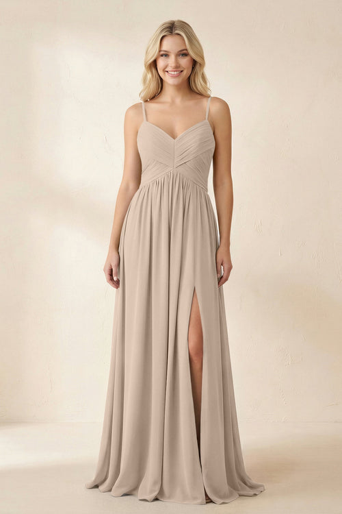 Cami Strap Chiffon A - Line Bridesmaid Dress with Slit in Almond - KissProm Bridesmaid Dresses