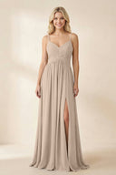 Cami Strap Chiffon A - Line Bridesmaid Dress with Slit in Almond - KissProm Bridesmaid Dresses
