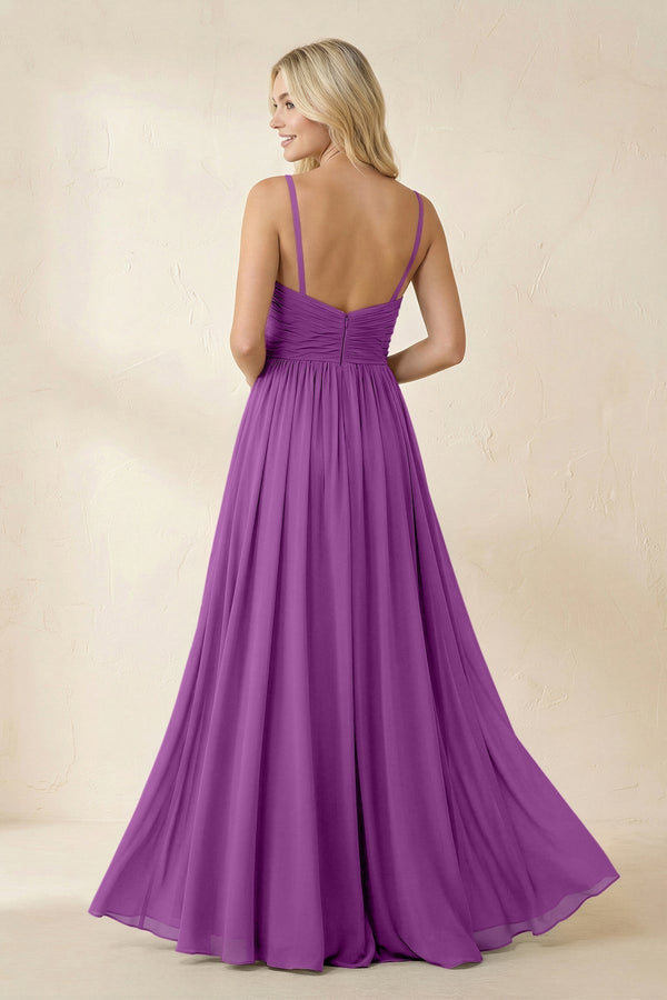 Cami Strap Chiffon A - Line Bridesmaid Dress with Slit in Amethyst - KissProm Bridesmaid Dresses