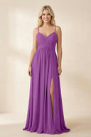 Cami Strap Chiffon A - Line Bridesmaid Dress with Slit in Amethyst - KissProm Bridesmaid Dresses