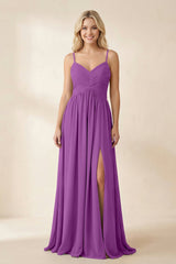Cami Strap Chiffon A - Line Bridesmaid Dress with Slit in Amethyst - KissProm Bridesmaid Dresses