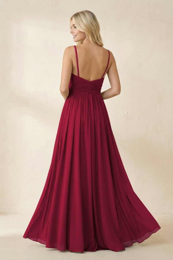 Cami Strap Chiffon A - Line Bridesmaid Dress with Slit in Berry - KissProm Bridesmaid Dresses