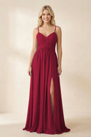 Cami Strap Chiffon A - Line Bridesmaid Dress with Slit in Berry - KissProm Bridesmaid Dresses