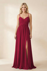 Cami Strap Chiffon A - Line Bridesmaid Dress with Slit in Berry - KissProm Bridesmaid Dresses