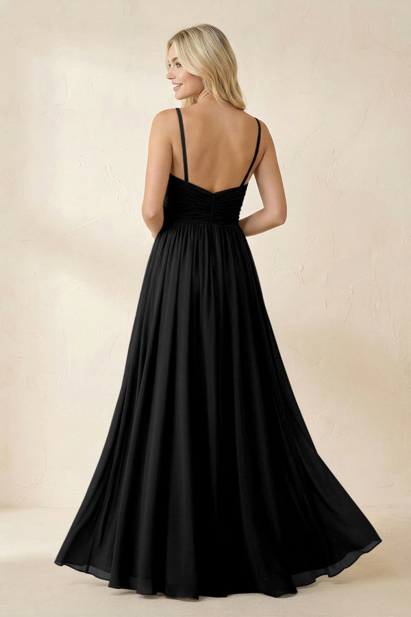 Cami Strap Chiffon A - Line Bridesmaid Dress with Slit in Black - KissProm Bridesmaid Dresses