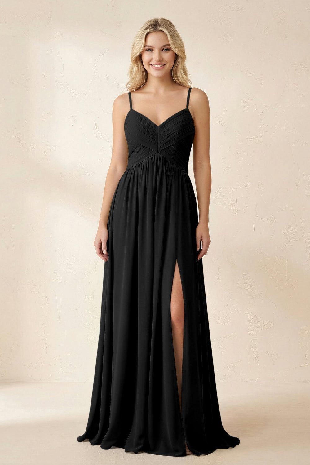 Cami Strap Chiffon A - Line Bridesmaid Dress with Slit in Black - KissProm Bridesmaid Dresses