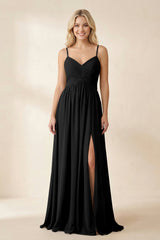 Cami Strap Chiffon A - Line Bridesmaid Dress with Slit in Black - KissProm Bridesmaid Dresses