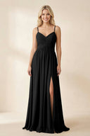 Cami Strap Chiffon A - Line Bridesmaid Dress with Slit in Black - KissProm Bridesmaid Dresses