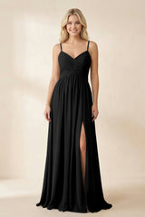Cami Strap Chiffon A - Line Bridesmaid Dress with Slit in Black - KissProm Bridesmaid Dresses