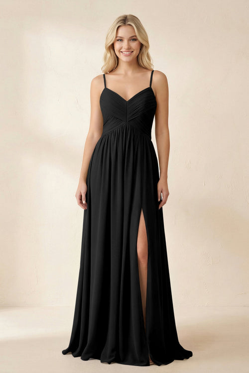 Cami Strap Chiffon A - Line Bridesmaid Dress with Slit in Black - KissProm Bridesmaid Dresses
