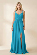 Cami Strap Chiffon A - Line Bridesmaid Dress with Slit in Blue Jay - KissProm Bridesmaid Dresses