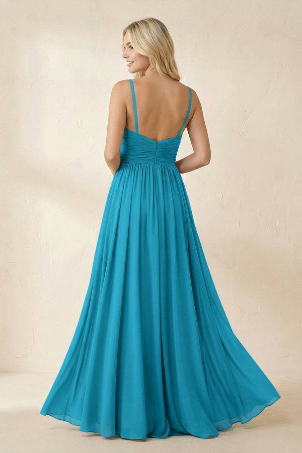 Cami Strap Chiffon A - Line Bridesmaid Dress with Slit in Blue Jay - KissProm Bridesmaid Dresses