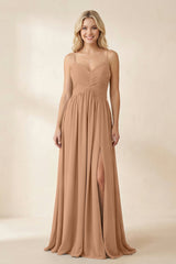 Cami Strap Chiffon A - Line Bridesmaid Dress with Slit in Bronzer - KissProm Bridesmaid Dresses