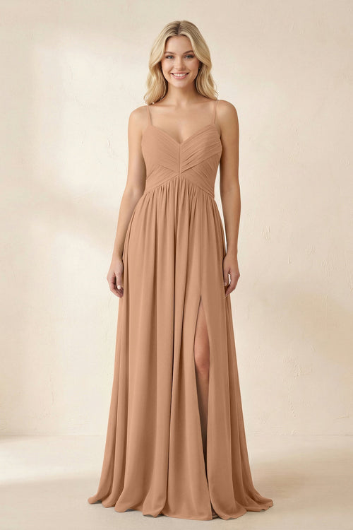 Cami Strap Chiffon A - Line Bridesmaid Dress with Slit in Bronzer - KissProm Bridesmaid Dresses