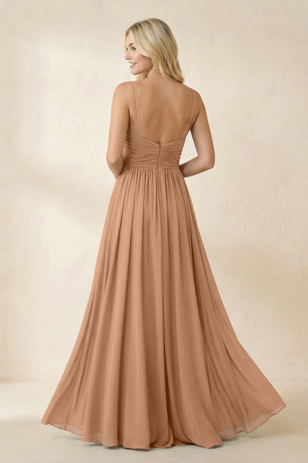 Cami Strap Chiffon A - Line Bridesmaid Dress with Slit in Bronzer - KissProm Bridesmaid Dresses