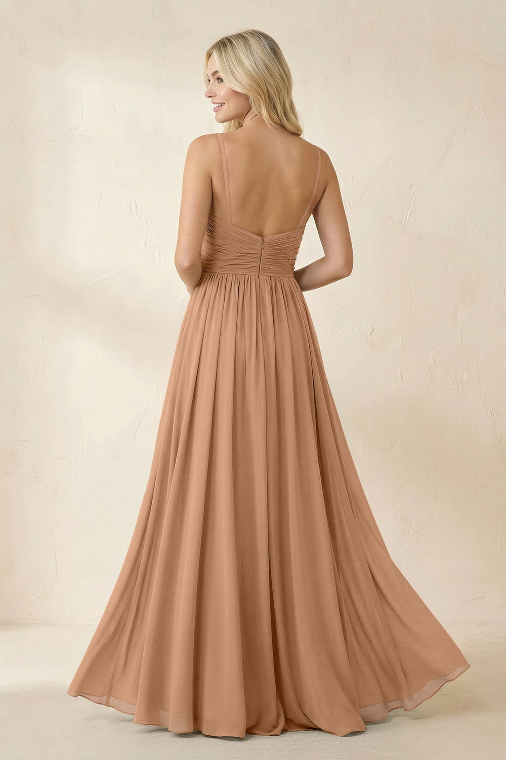 Cami Strap Chiffon A - Line Bridesmaid Dress with Slit in Bronzer - KissProm Bridesmaid Dresses