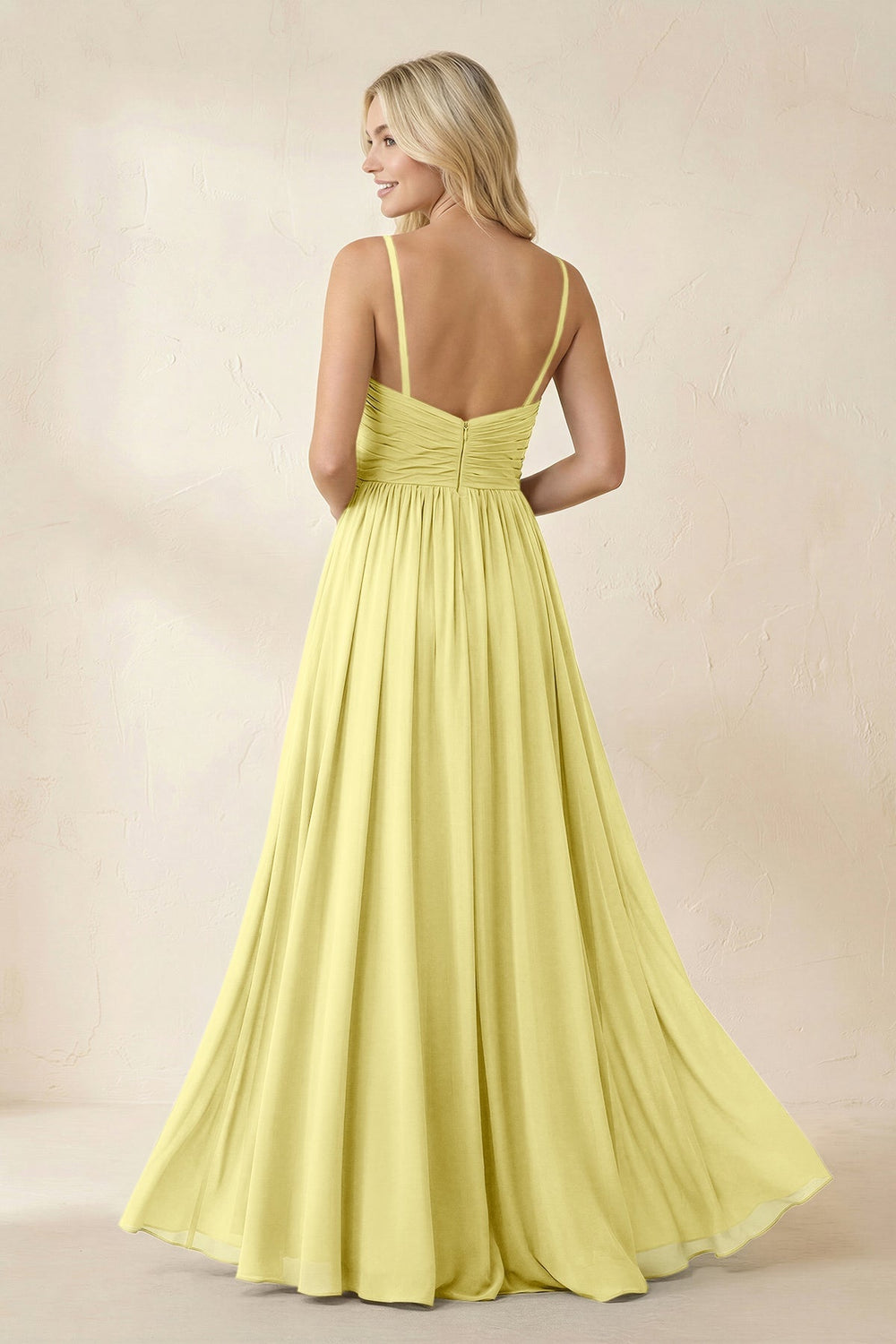 Cami Strap Chiffon A - Line Bridesmaid Dress with Slit in Buttercup - KissProm Bridesmaid Dresses