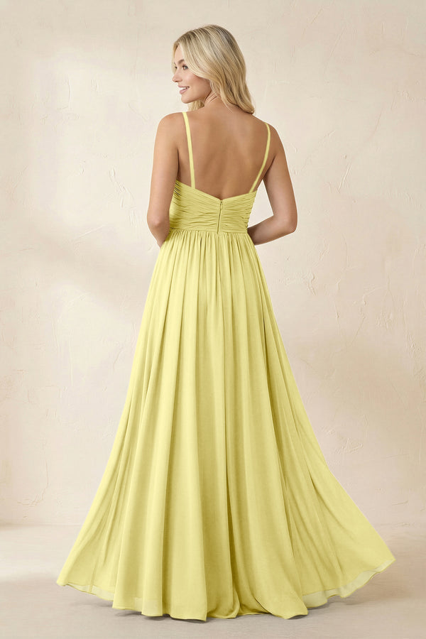 Cami Strap Chiffon A - Line Bridesmaid Dress with Slit in Buttercup - KissProm Bridesmaid Dresses