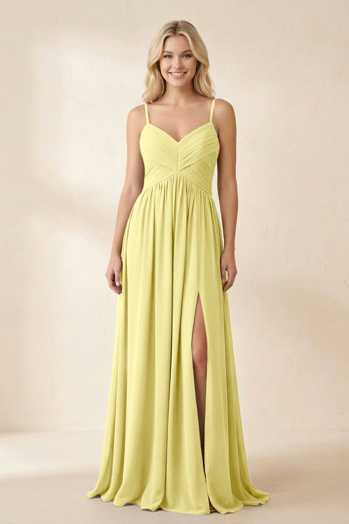 Cami Strap Chiffon A - Line Bridesmaid Dress with Slit in Buttercup - KissProm Bridesmaid Dresses