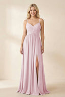 Cami Strap Chiffon A - Line Bridesmaid Dress with Slit in Candy Pink - KissProm Bridesmaid Dresses
