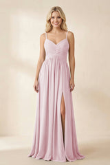 Cami Strap Chiffon A - Line Bridesmaid Dress with Slit in Candy Pink - KissProm Bridesmaid Dresses