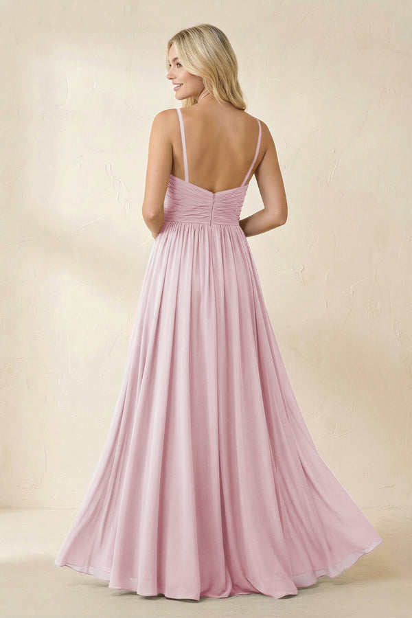 Cami Strap Chiffon A - Line Bridesmaid Dress with Slit in Candy Pink - KissProm Bridesmaid Dresses