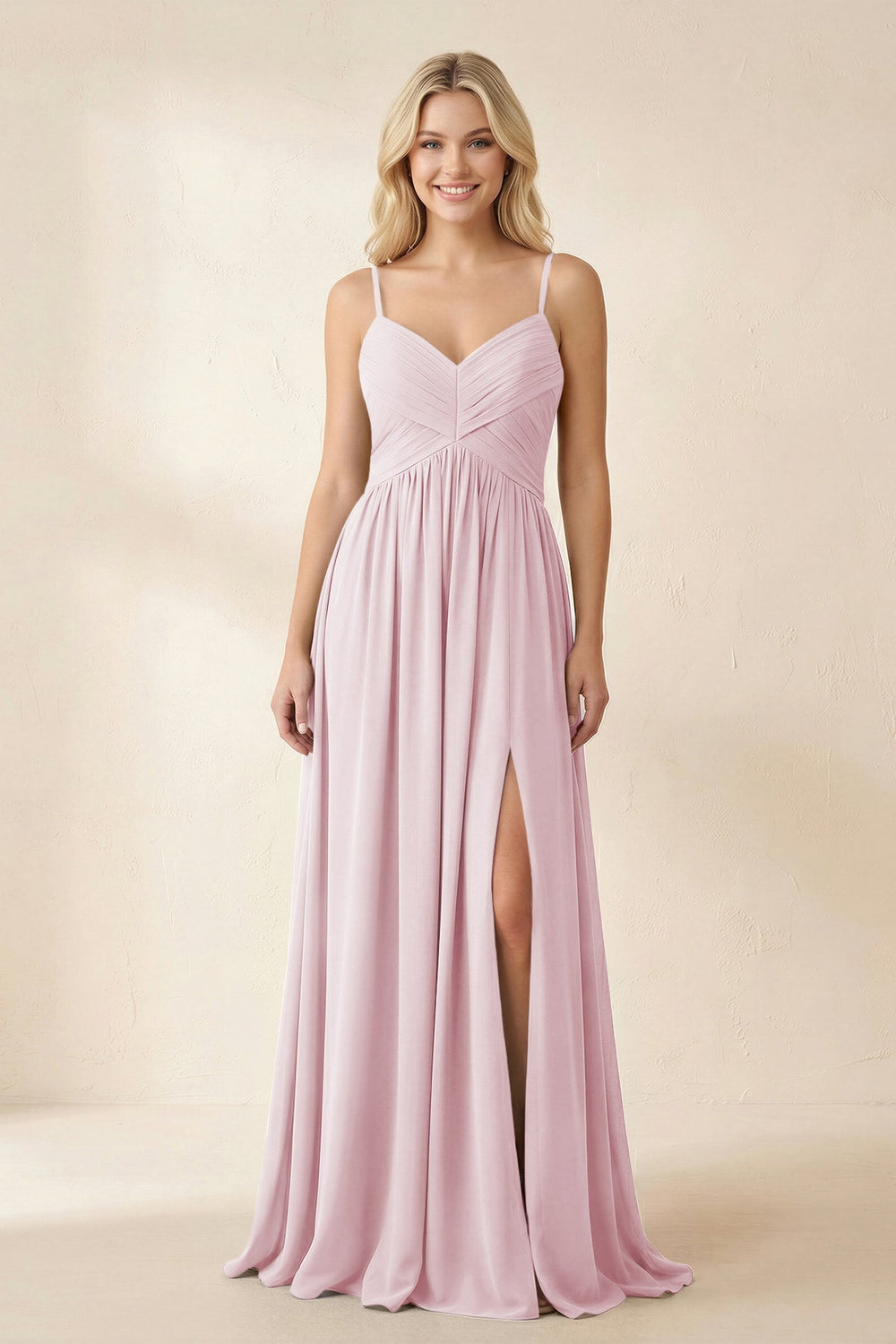 Cami Strap Chiffon A - Line Bridesmaid Dress with Slit in Candy Pink - KissProm Bridesmaid Dresses