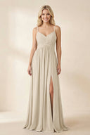 Cami Strap Chiffon A - Line Bridesmaid Dress with Slit in Champagne - KissProm Bridesmaid Dresses