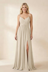 Cami Strap Chiffon A - Line Bridesmaid Dress with Slit in Champagne - KissProm Bridesmaid Dresses