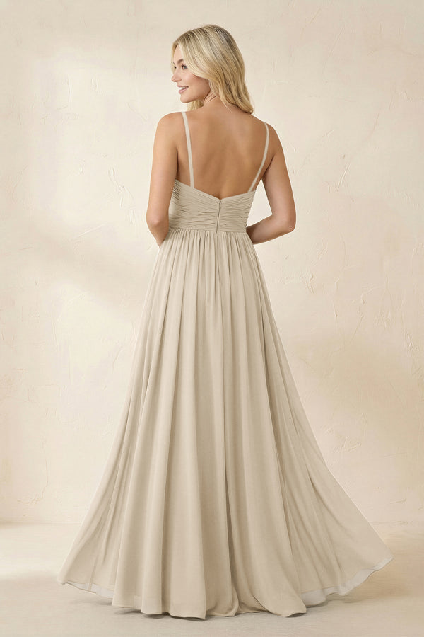 Cami Strap Chiffon A - Line Bridesmaid Dress with Slit in Champagne - KissProm Bridesmaid Dresses