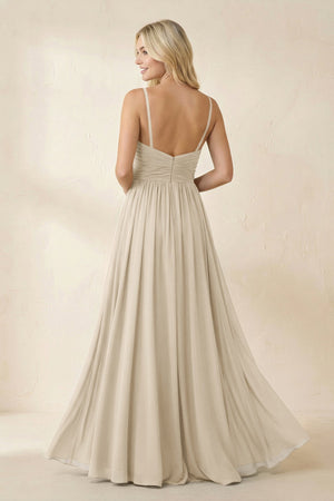 Cami Strap Chiffon A - Line Bridesmaid Dress with Slit in Champagne - KissProm Bridesmaid Dresses