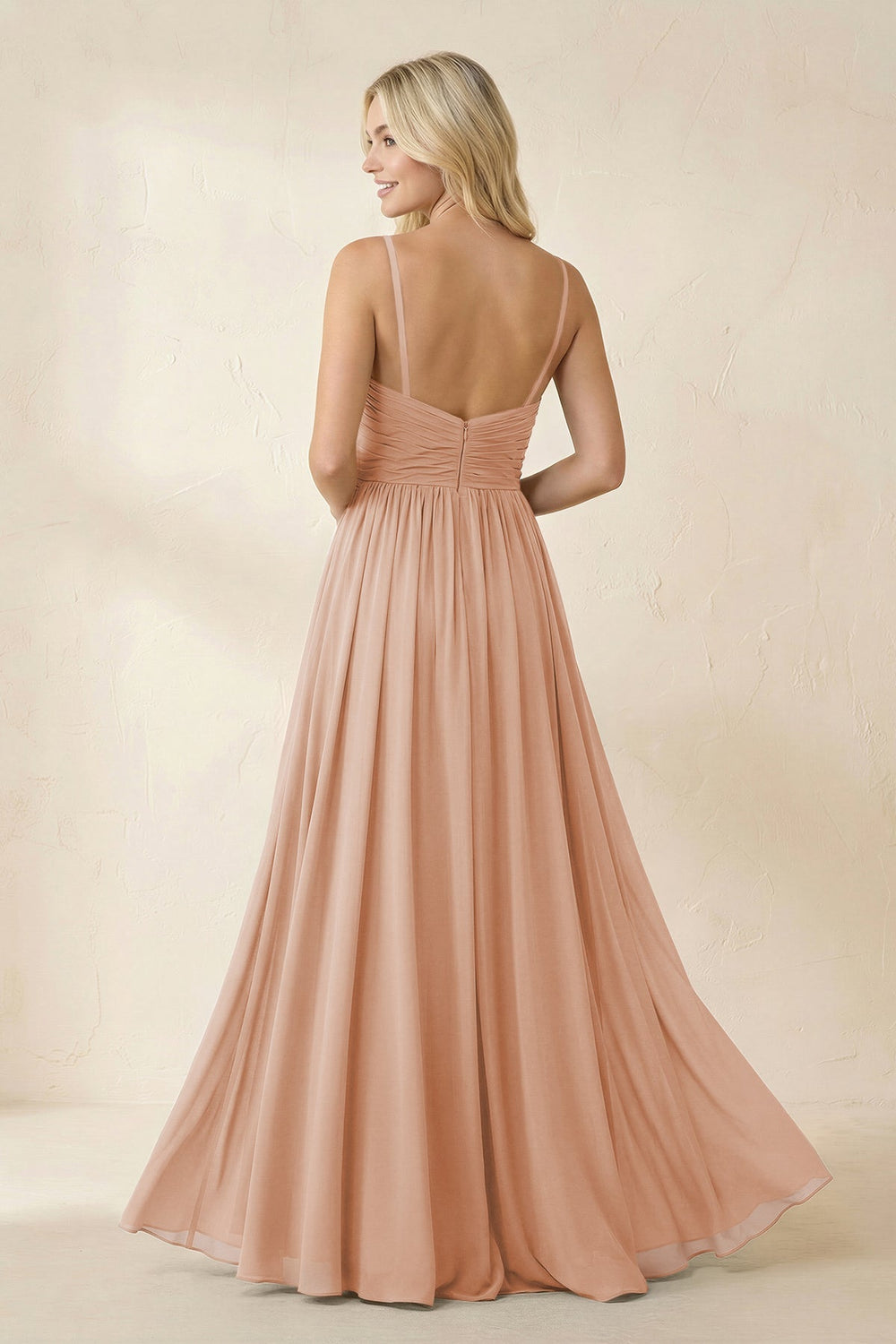 Cami Strap Chiffon A - Line Bridesmaid Dress with Slit in Champagne Rose - KissProm Bridesmaid Dresses