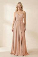 Cami Strap Chiffon A - Line Bridesmaid Dress with Slit in Champagne Rose - KissProm Bridesmaid Dresses