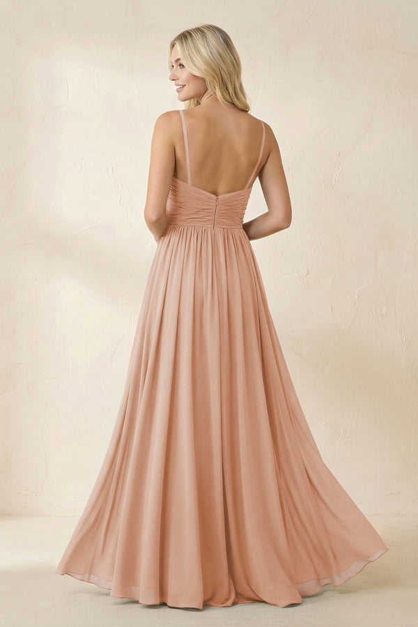 Cami Strap Chiffon A - Line Bridesmaid Dress with Slit in Champagne Rose - KissProm Bridesmaid Dresses